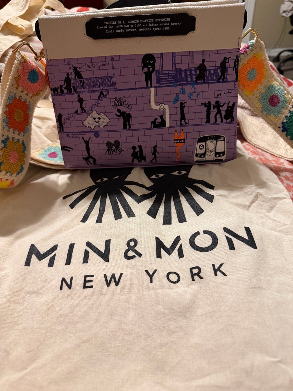 Min & Mon Purple Graphic Crossbody with Black Silhouette Detail